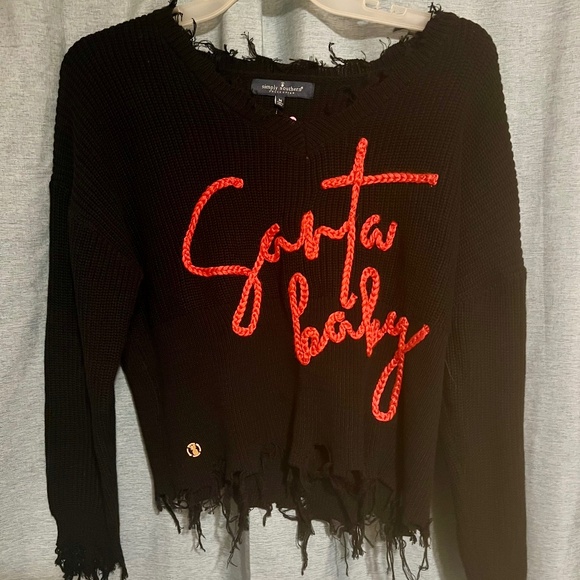 Simply Southern Ladies Santa Baby Raw Edge Distressed  Black Sweater - Picture 1 of 8